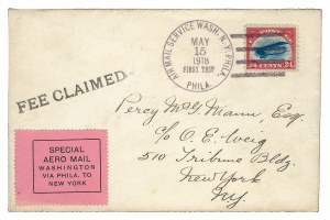 ﻿24¢ used from Philadelphia on 15 May 1918 first flight cover to New York City with private “Special Aero Mail” label