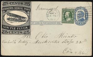 25&cent; Vin Fiz unofficial stamp used on postal card to Germany and carried by Cal Rodgers in 1911
Image: Siegel Auction Galleries