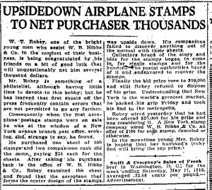 19 May 1918 Washington Evening Star article reporting Robey’s “Upsidedown Airplane Stamps” and a $15,000 offer