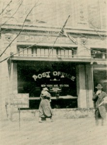 Contemporary photograph of the New York Avenue branch post office in Washington DC, where Robey purchased the Inverted Jenny sheet—from Ward’s Philatelic News, March 1931, with a note by Philip H. Ward that Robey himself took the photo “at our request.”