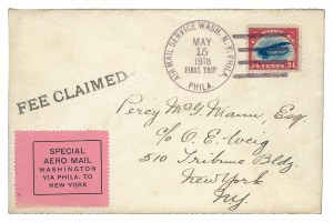 24¢ used from Philadelphia on 15 May 1918 first flight cover to New York City with private “Special Aero Mail” label